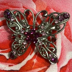 Vintage Butterfly Brooch Silver Tone with Pink Topaz & Amethyst Color Rhinestone